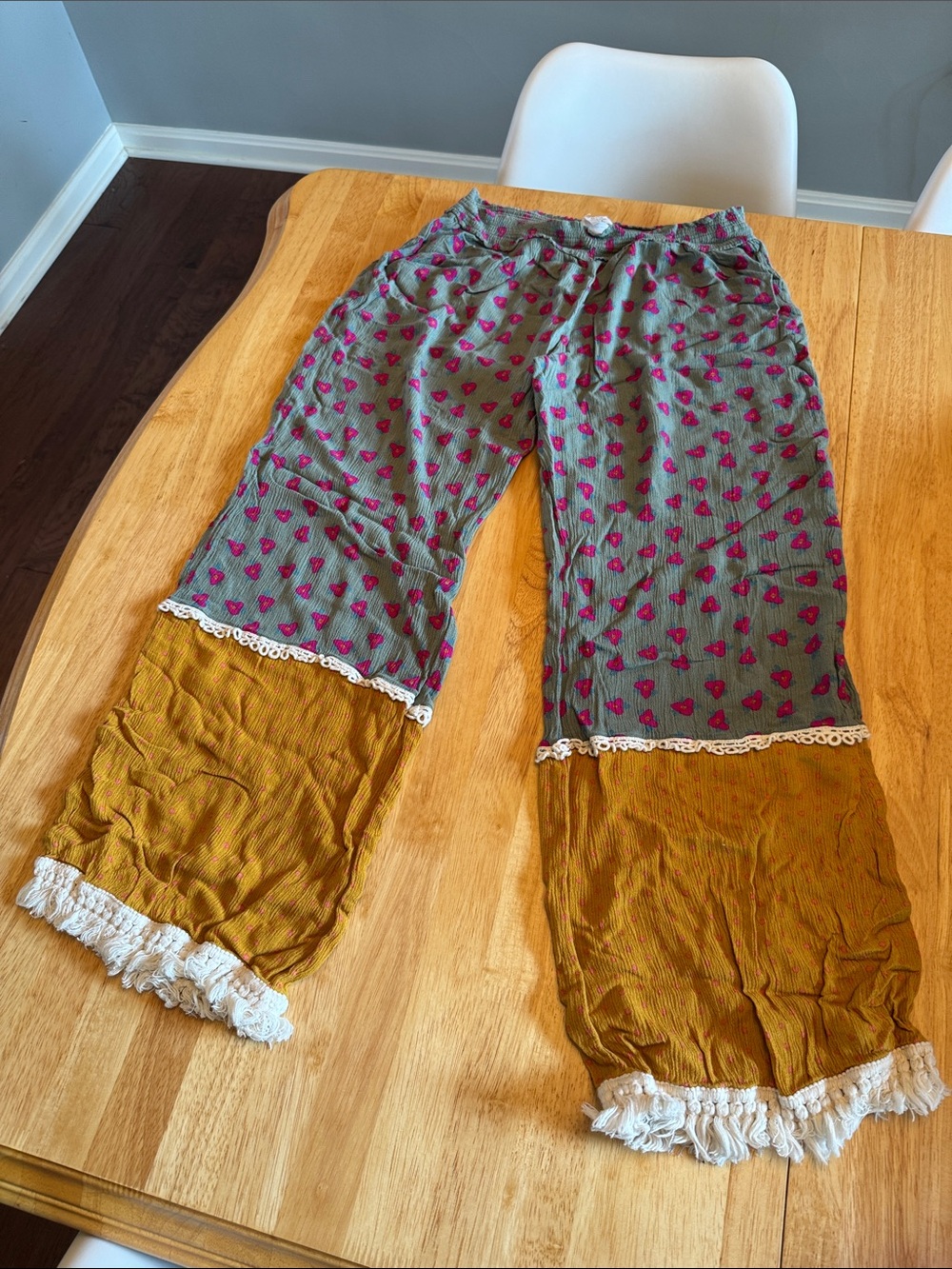 Patterned Lounge Pants with Pink Hearts & Mustard Ruffle Cuffs